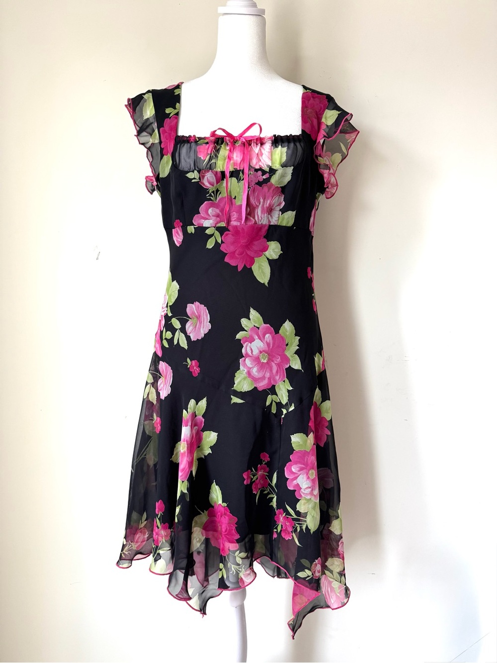 Speechless Vintage Black pink Floral Handkerchief Hem Dress Y2K Fairy